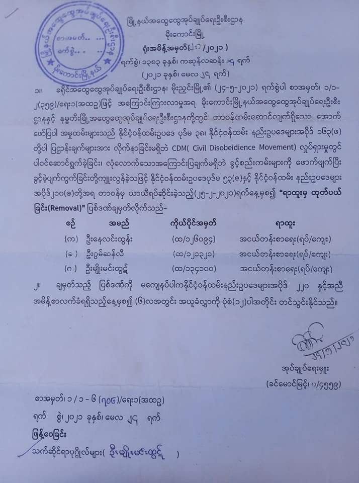 မိုးကောင်းမြို့နယ်နှင့် နမ္မတီးမြို့ အထွေထွေအုပ်ချုပ်ရေး ဦးစီးဌာနမှ ဝန်ထမ်း ၁၈ ဦးအား ရာထူးမှထုတ်ပယ်ကြောင်းကြေညာ